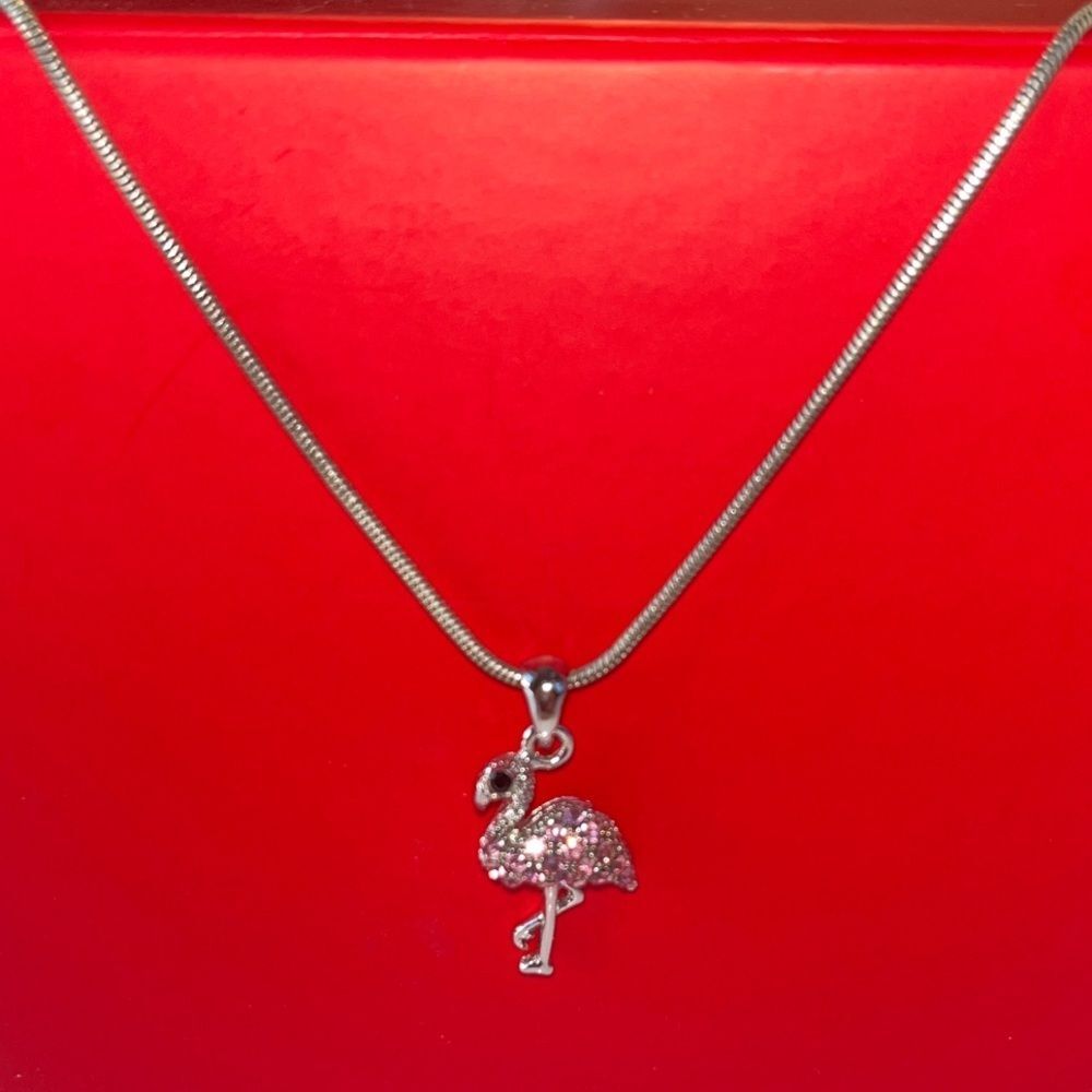 Chic Flamingo Pendant Necklace in Silver with Pink Gemstones - Picture 2 of 7
